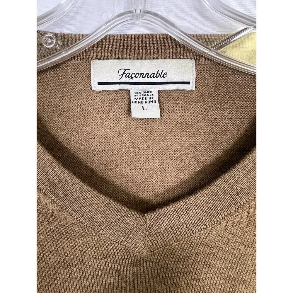 VTG Faconnable Sweater Mens L Merino Wool V Neck Pullover Brown Preppy‎